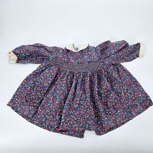 Vintage Polly Flinders Toddler Girl 2T Blue Floral Hand Smocked Dress